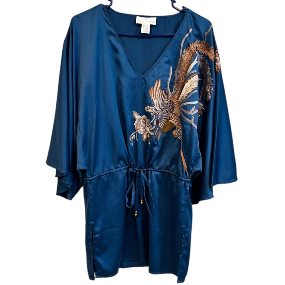 Soft Surroundings Teal Blue Satin Embroidered Kimono Kaftan Tunic Top